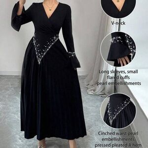 Women's Dress With Pearl Beading, Long Sleeve Waist Cinched A-Line Silhouette